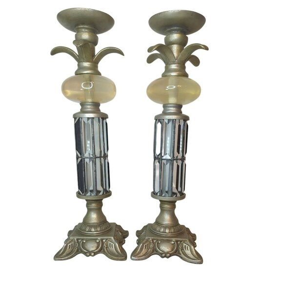 Vintage Pair Of Deco/Hollywood Regency Ornate Resin Glass Pillar Candle Holders